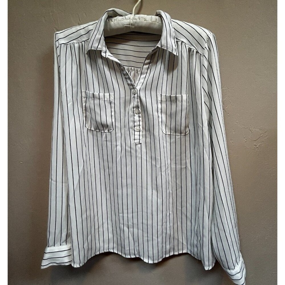 Nice Claup Women's Ivory Black Striped Henley Long Sleeve Blouse Pockets Japan